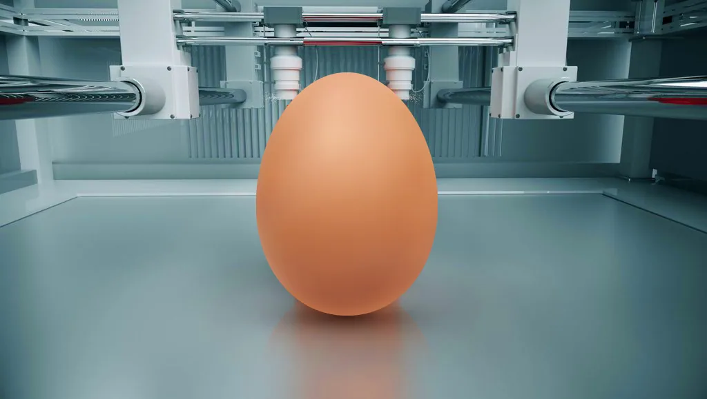 Duże pomarańczowe jajko w komorze drukarki 3D — ilustracja wielkanocna