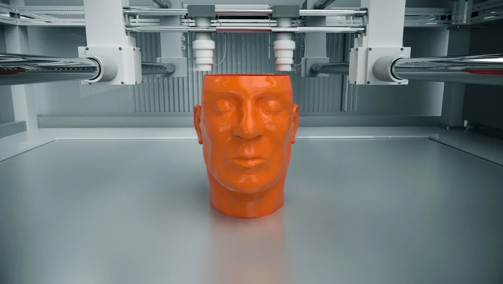 Pomarańczowy model ludzkiej głowy w komorze drukarki 3D — ilustracja wpisu